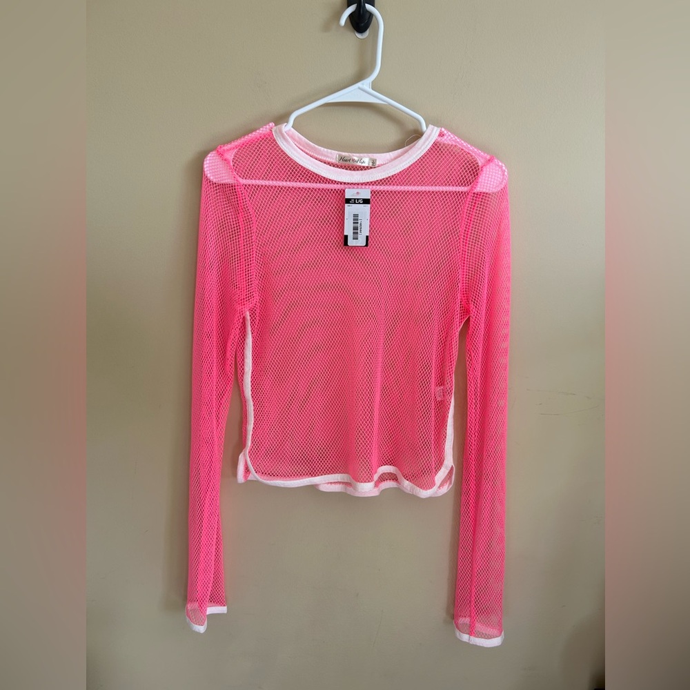 Neon Pink Sheer Mesh Long Sleeve Top Rave/Dance/Club